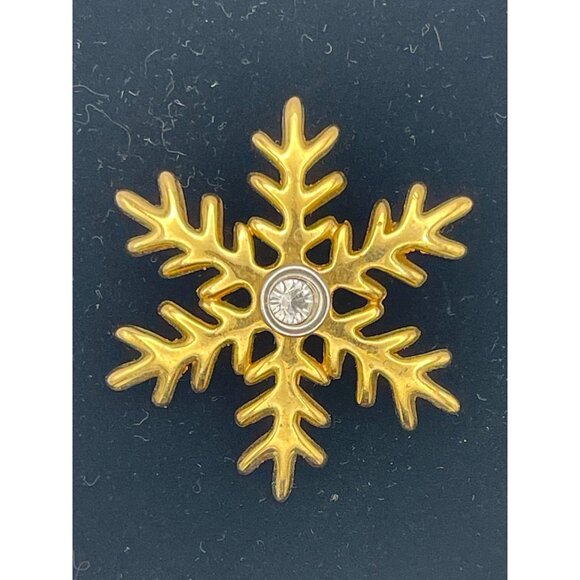 2" Snowflake Brooch Gold Tone Clear Crystal Rhinestone Center Holidays - Picture 5 of 9